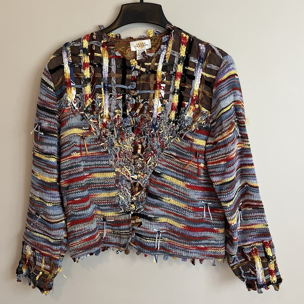 Sandy Starkman Y2K Boho Cardigan Med Multicolor Multimedia Whimsical Art To Wear